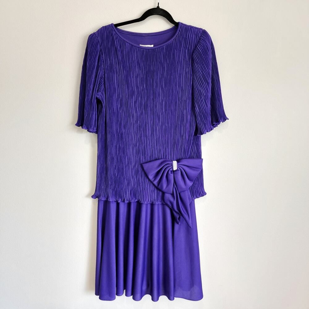 VTG After Dark Formal Cocktail Dress Purple Dropped Waist Bow Crinkle 11/12